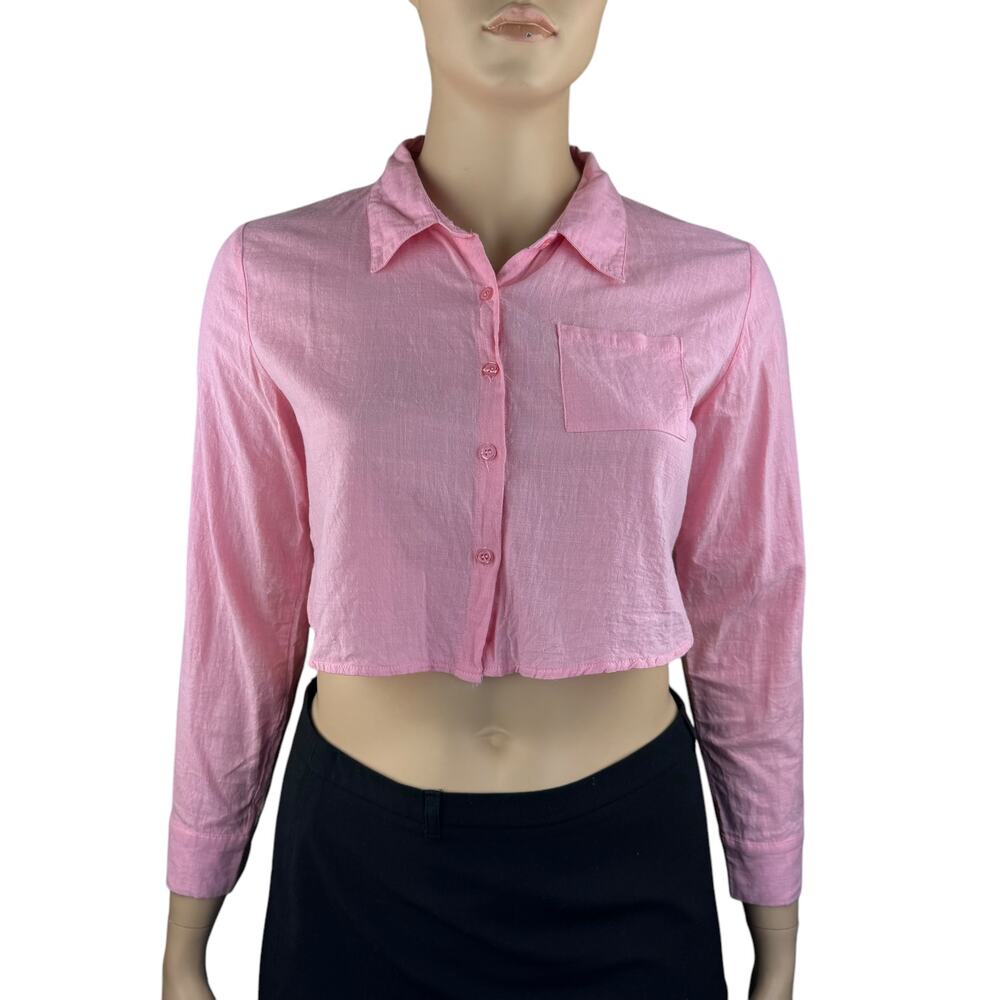 Mirrou Women Plus Pink Collared Long Sleeves Button Front Cropped Shirt 14